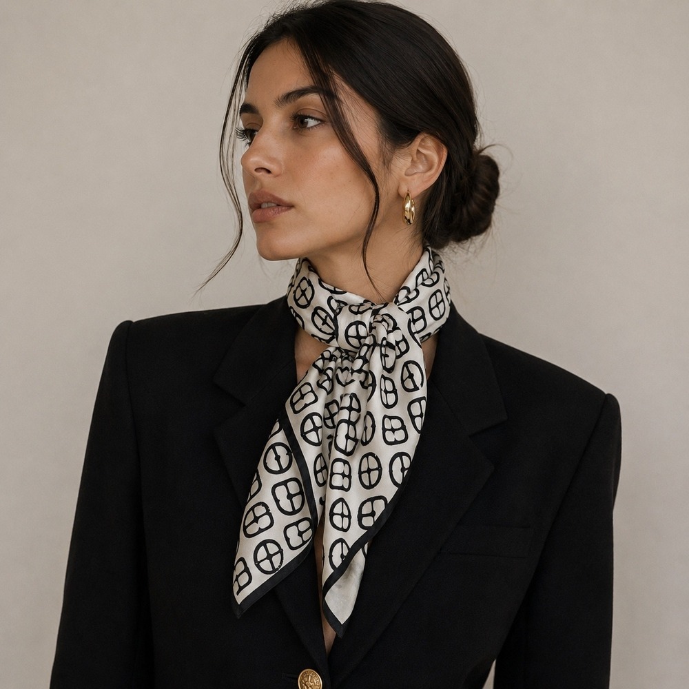 Talots Geometric Buckle Print Silk Square Scarf Black White Classic Quiet Luxury
